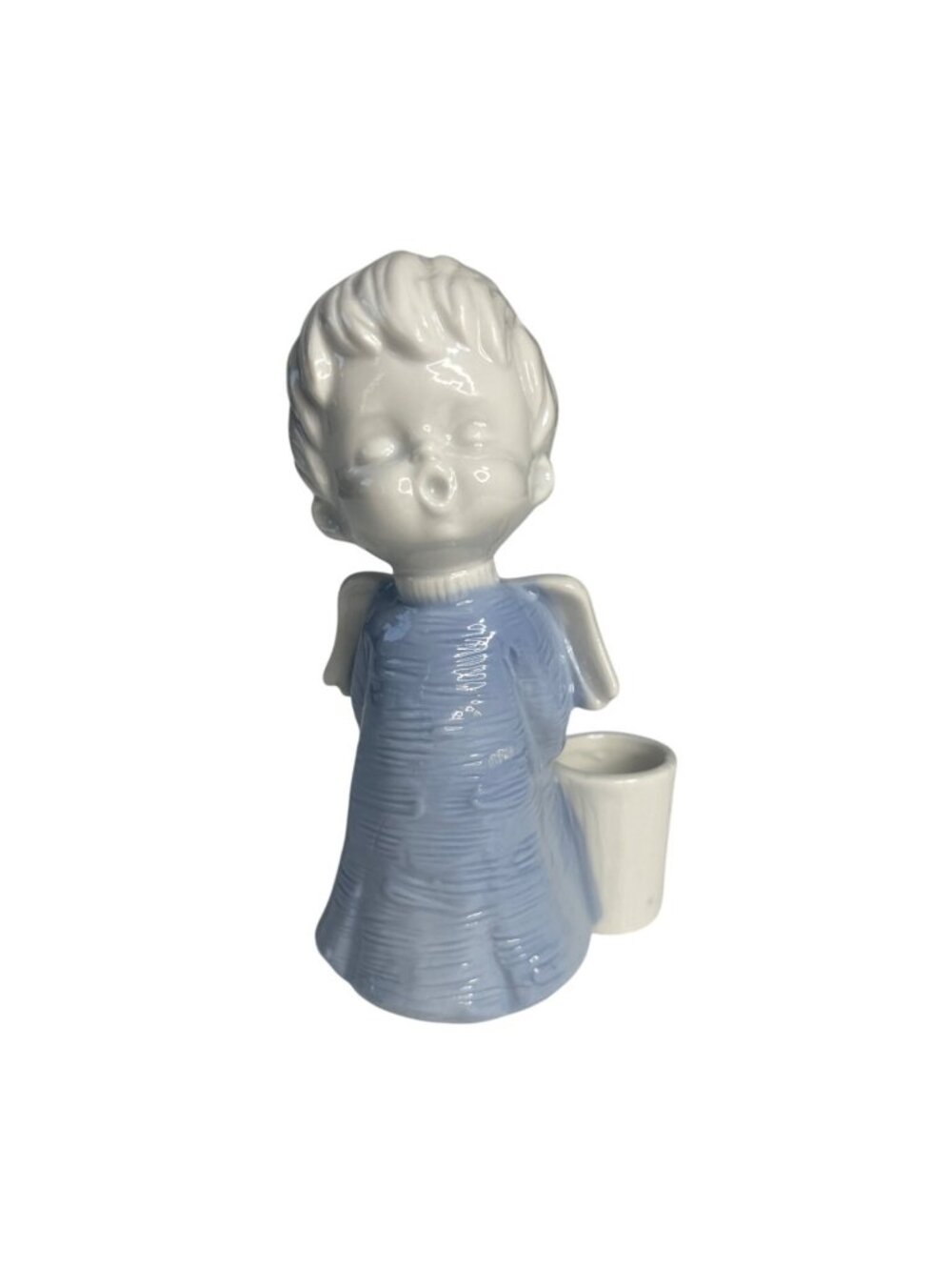 Colonial Candle Ceramic Angel Figurine Candle Holder Blue White Christmas
